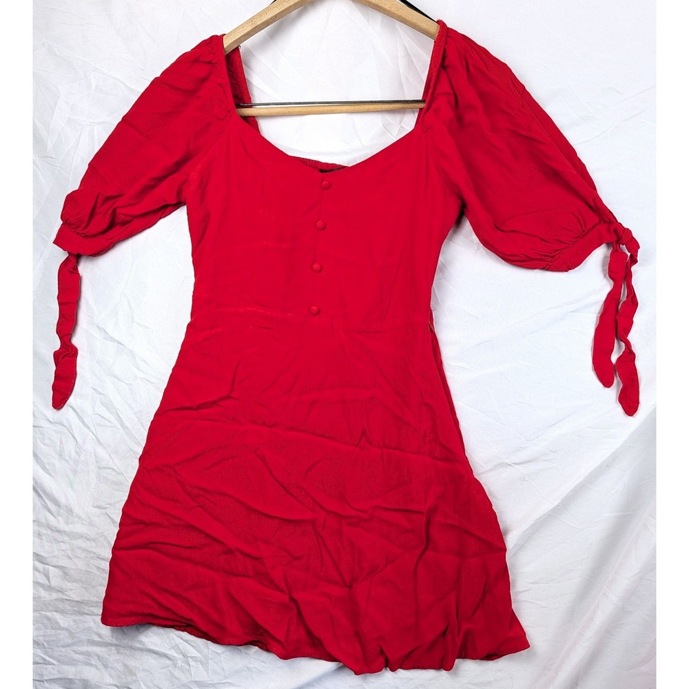 Forever 21 S Red Short Puff Sleeve Scoop Neck Tunic Layering Stretch Peasant